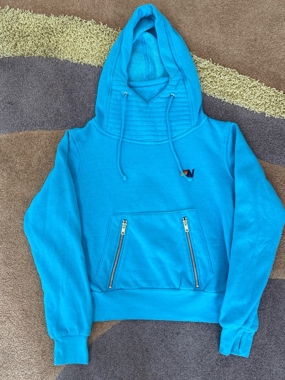 Aviator Nation Bright Turquoise Quilted Cowl Hoodie